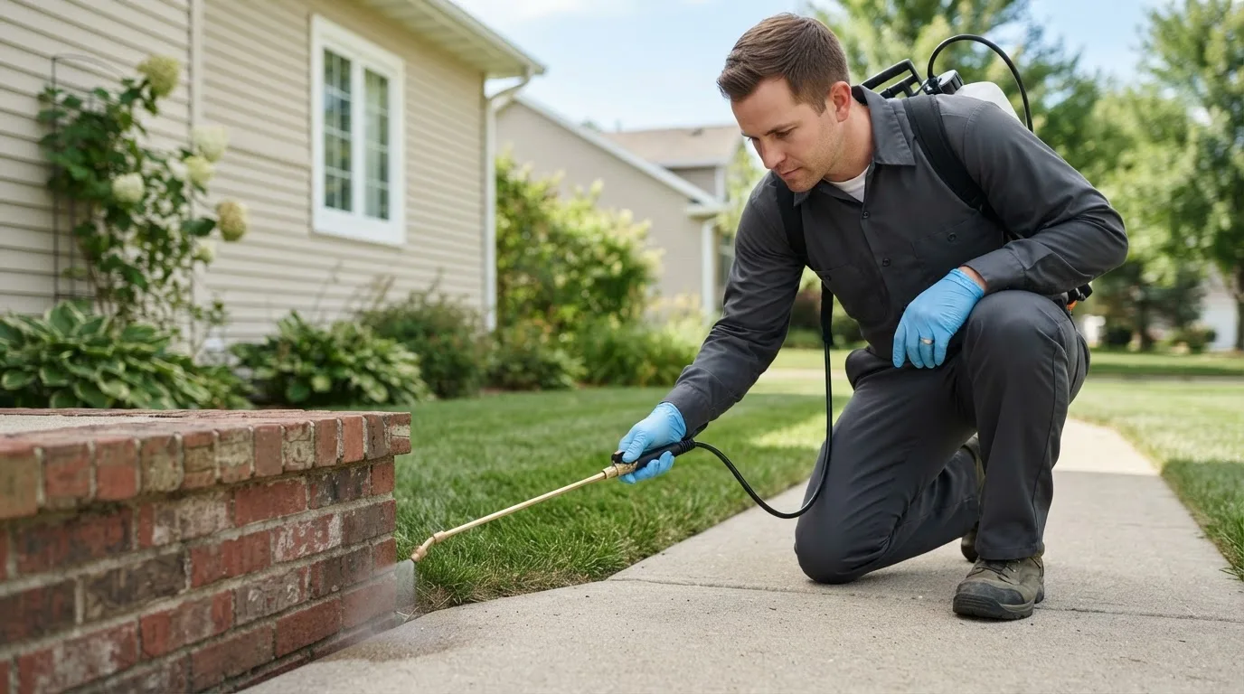 Pest control technician treating a home near Thorndike, MA